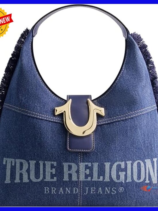 Handbags - Medium Hobo Shoulder Bag, Frayed Denim with Horseshoe Logo, Lightweight Cotton